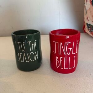 Rae Dunn Red Jingle Bells & Green 'Tis The Season Ceramic Cups